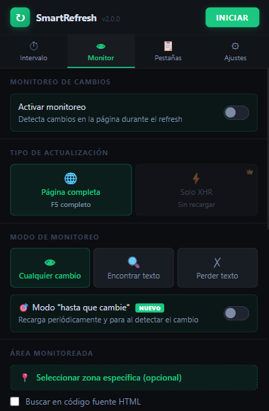 SmartRefresh extension popup showing Monitor mode